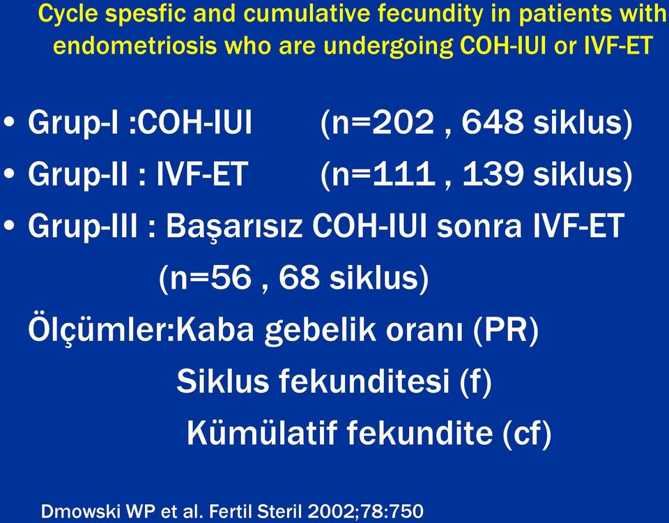 Grup-III : BaĢarısız COH-IUI sonra IVF-ET (n=56, 68 siklus) Ölçümler:Kaba gebelik oranı