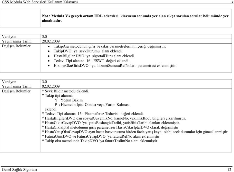 Tedavi Tipi alanına 16 : ESWT değeri eklendi. HimetOkuGirisDVO ya himetsunucurefnolari parametresi eklenmişitir. Versiyon 3.0 Yayınlanma Tarihi 02.02.2009 Değişen Bölümler * Sevk Bildir metodu eklendi.