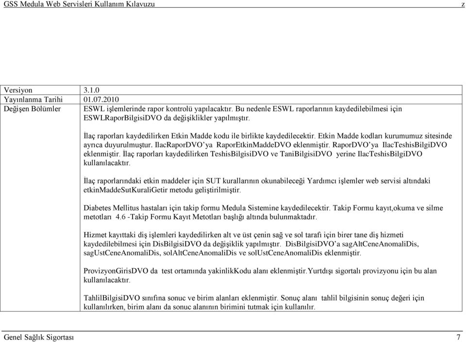 Etkin Madde kodları kurumumu sitesinde ayrıca duyurulmuştur. IlacRaporDVO ya RaporEtkinMaddeDVO eklenmiştir. RaporDVO ya IlacTeshisBilgiDVO eklenmiştir.