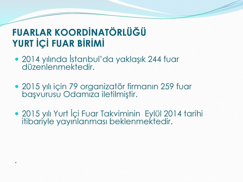 2015 yılı için 79 organizatör firmanın 259 fuar başvurusu