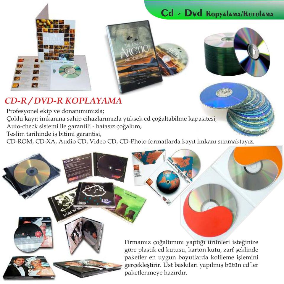 CD, Video CD, CD-Photo formatlarda kayıt imkanı sunmaktayız.