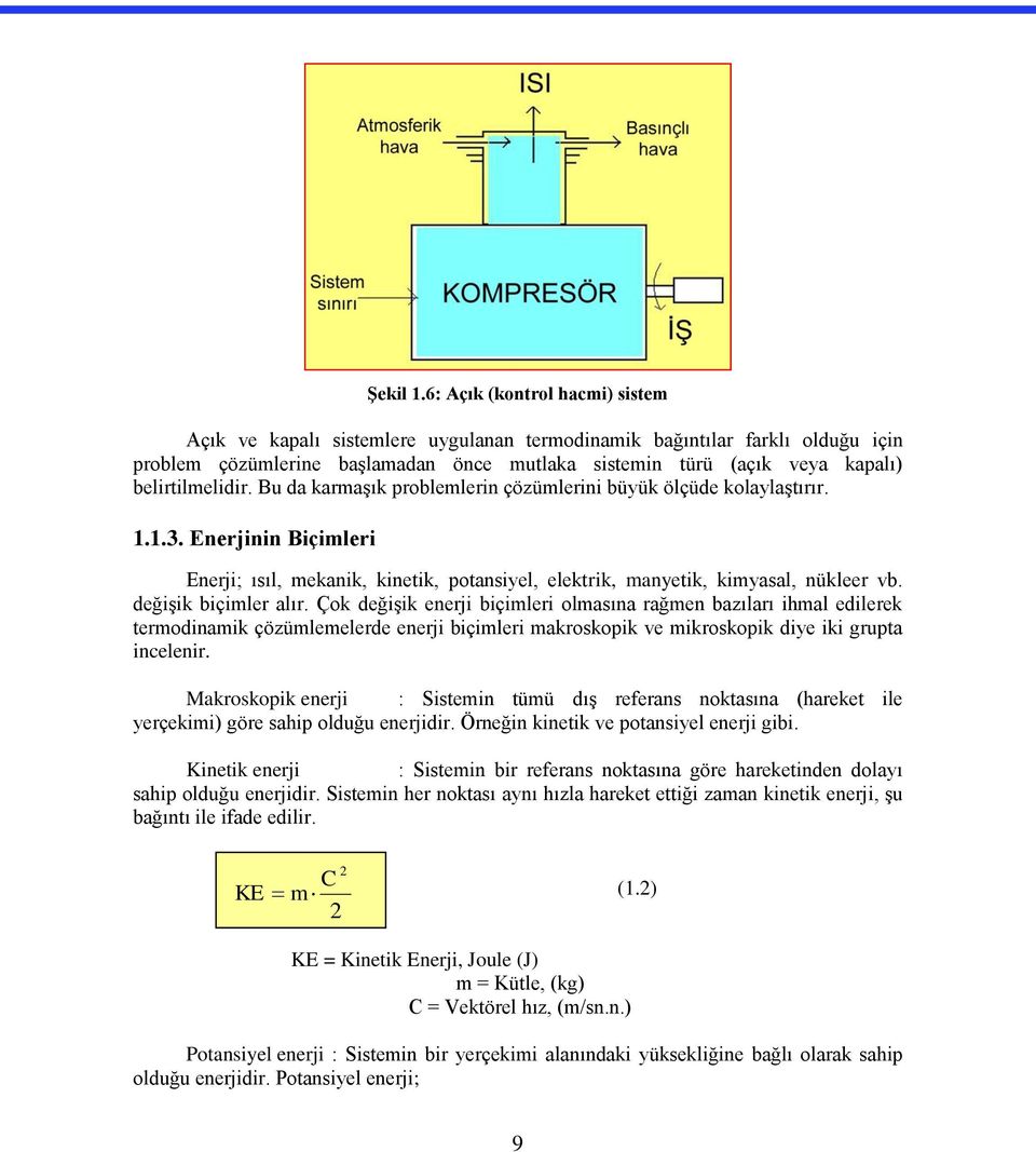 belirtilmelidir. Bu da karmaşık problemlerin çözümlerini büyük ölçüde kolaylaştırır. 1.1.3. Enerjinin Biçimleri Enerji; ısıl, mekanik, kinetik, potansiyel, elektrik, manyetik, kimyasal, nükleer vb.