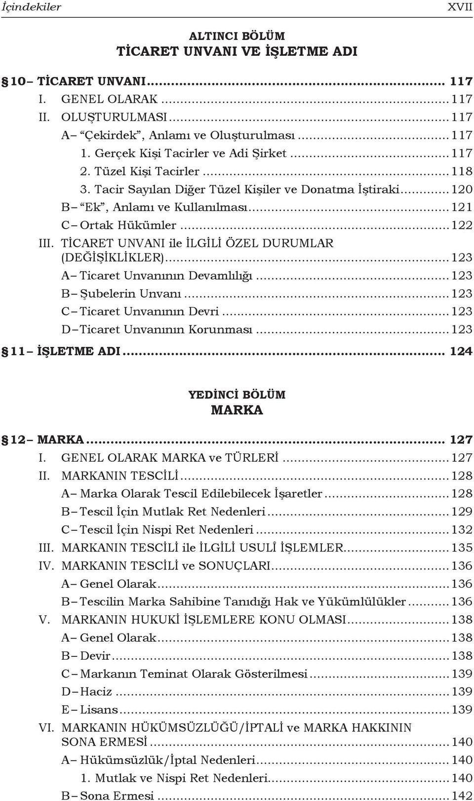 TİCARET UNVANI ile İLGİLİ ÖZEL DURUMLAR (DEĞİŞİKLİKLER)...123 A Ticaret Unvanının Devamlılığı...123 B Şubelerin Unvanı...123 C Ticaret Unvanının Devri...123 D Ticaret Unvanının Korunması.