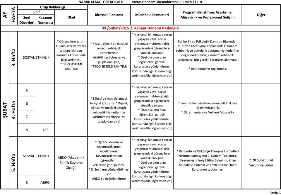 Dönem rehberlik ve psikolojik danışma değerlendirilmesi; 2.dönem rehberlik çalışmaları için gerekli kararların alınması. * BEP Biriminin toplanması ŞUBAT 4.