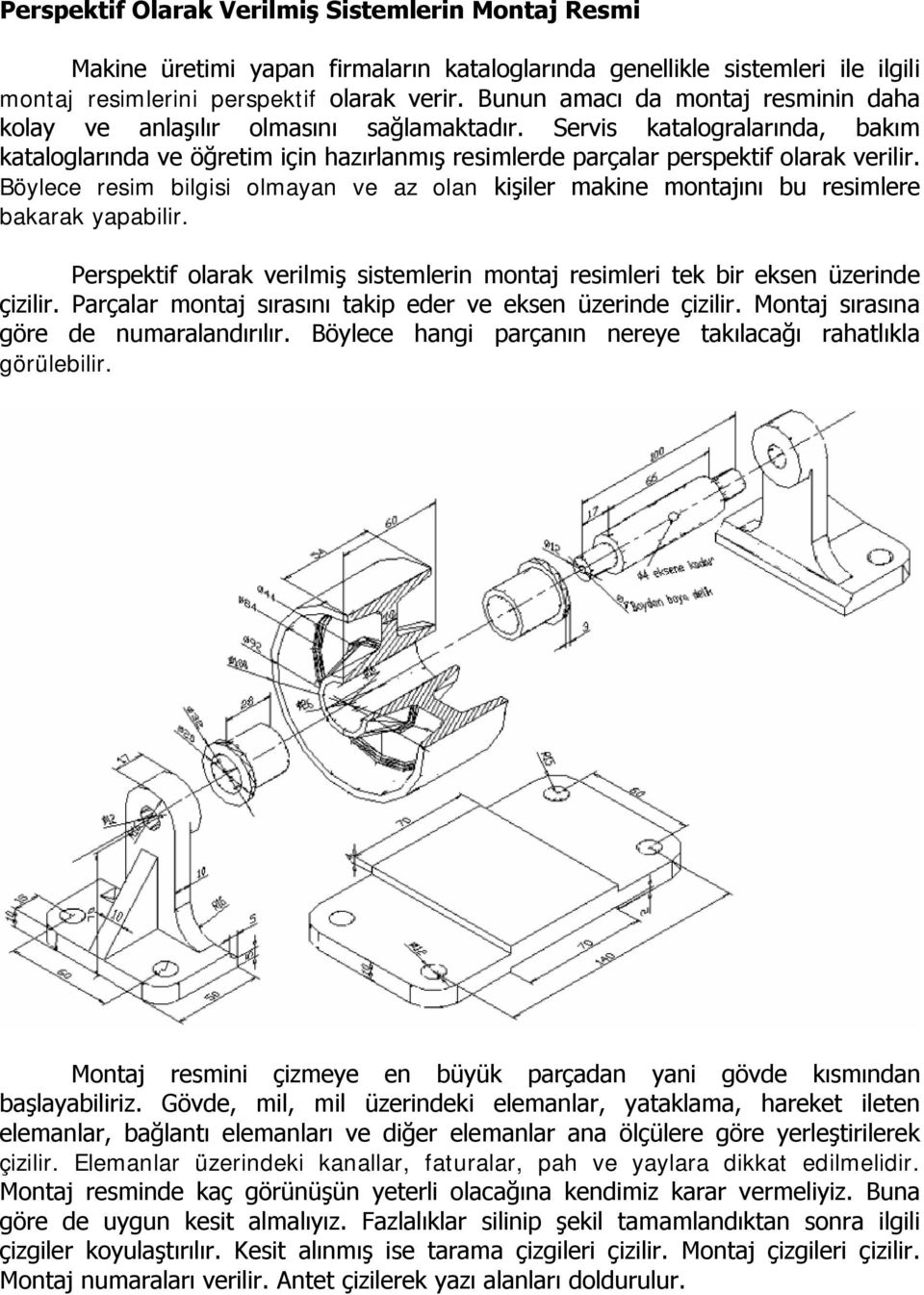 Böylece resim bilgisi olmayan ve az olan kişiler makine montajını bu resimlere bakarak yapabilir. Perspektif olarak verilmiş sistemlerin montaj resimleri tek bir eksen üzerinde çizilir.