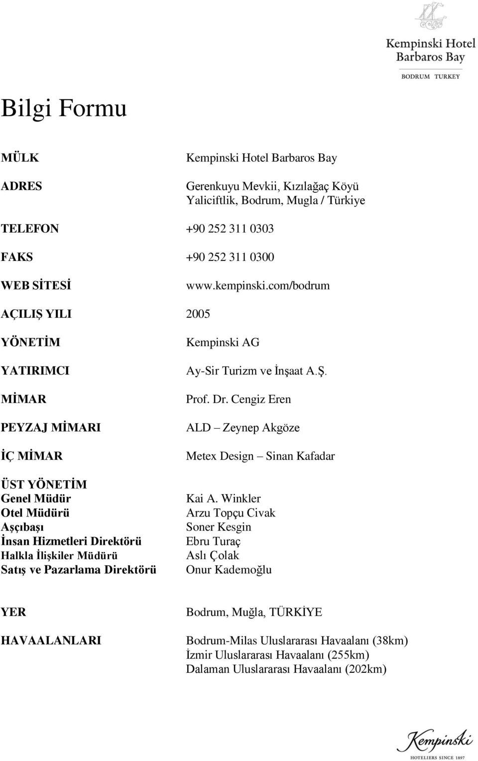 com/bodrum AÇILIŞ YILI 2005 YÖNETİM YATIRIMCI MİMAR PEYZAJ MİMARI İÇ MİMAR ÜST YÖNETİM Genel Müdür Otel Müdürü Aşçıbaşı İnsan Hizmetleri Direktörü Halkla İlişkiler Müdürü Satış ve