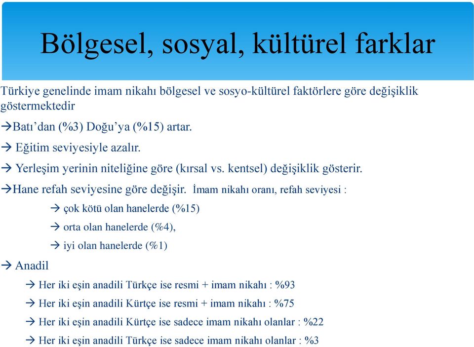 İmam nikahı oranı, refah seviyesi : Anadil çok kötü olan hanelerde (%15) orta olan hanelerde (%4), iyi olan hanelerde (%1) Her iki eşin anadili Türkçe ise resmi + imam