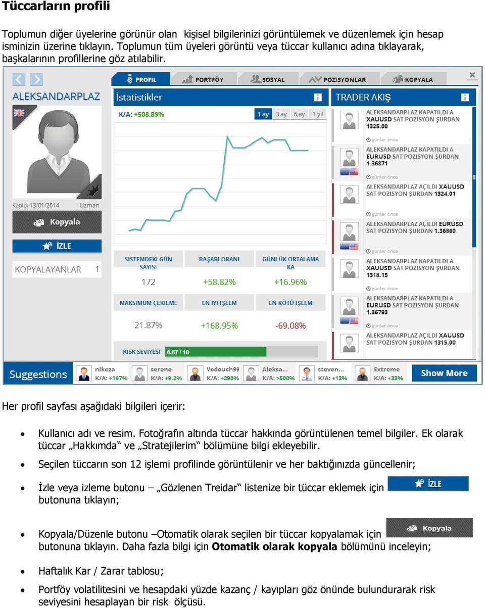 Fotoğrafın altında tüccar hakkında görüntülenen temel bilgiler. Ek olarak tüccar Hakkımda ve Stratejilerim bölümüne bilgi ekleyebilir.