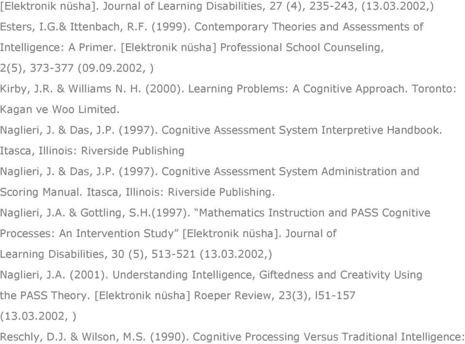 Naglieri, J. & Das, J.P. (1997). Cognitive Assessment System Interpretive Handbook. Itasca, Illinois: Riverside Publishing Naglieri, J. & Das, J.P. (1997). Cognitive Assessment System Administration and Scoring Manual.