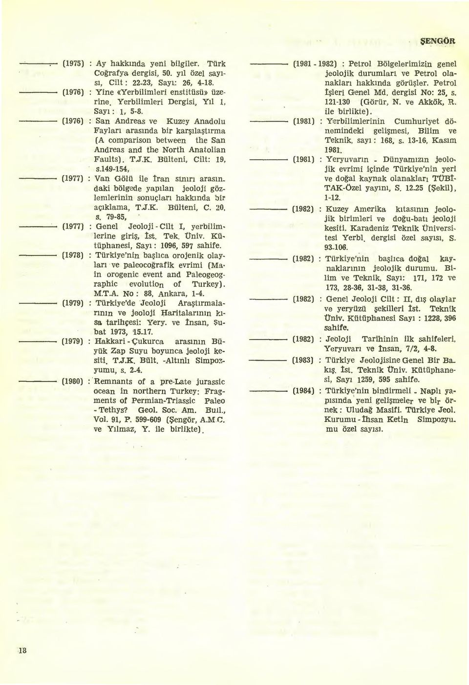 149-'154, (1977) : Van Golii ile iran stmn arasm. daki bolgede yap1lan jeoloji gozlemlerinin sonw;ian hakkmda "bir ac;1klama, T.J.K. Biilteni, C. :JO. s. 79-85, (1977) : Gene!