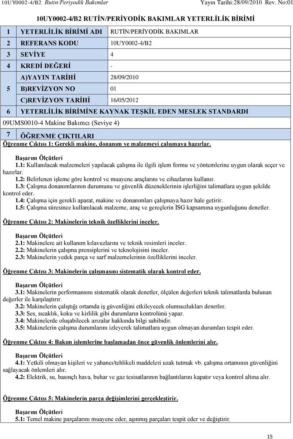 Öğrenme Çıktısı 1: Gerekli makine, donanım ve malzemeyi çalışmaya hazırlar. 1.1: Kullanılacak malzemeleri yapılacak çalışma ile ilgili işlem formu ve yöntemlerine uygun olarak seçer ve hazırlar. 1.2: Belirlenen işleme göre kontrol ve muayene araçlarını ve cihazlarını kullanır.