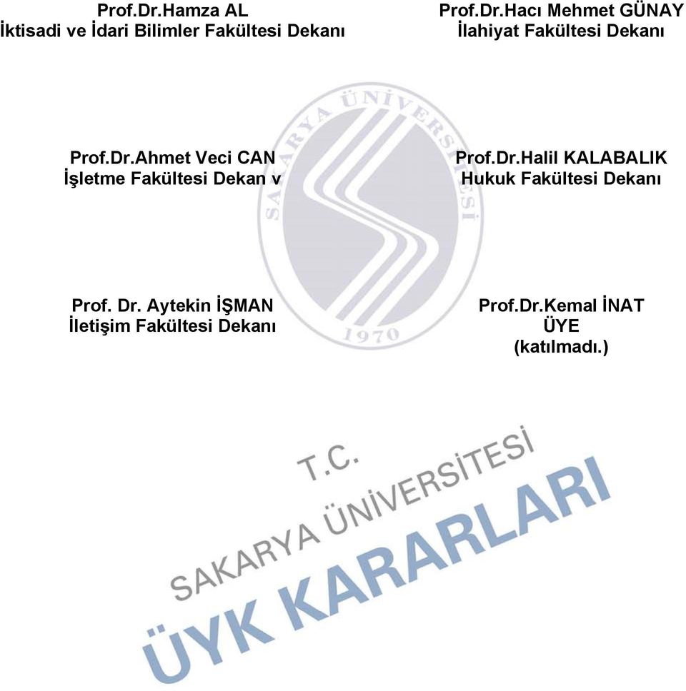 Dr. Aytekin İŞMAN İletişim Fakültesi Dekanı Prof.Dr.Kemal İNAT ÜYE (katılmadı.