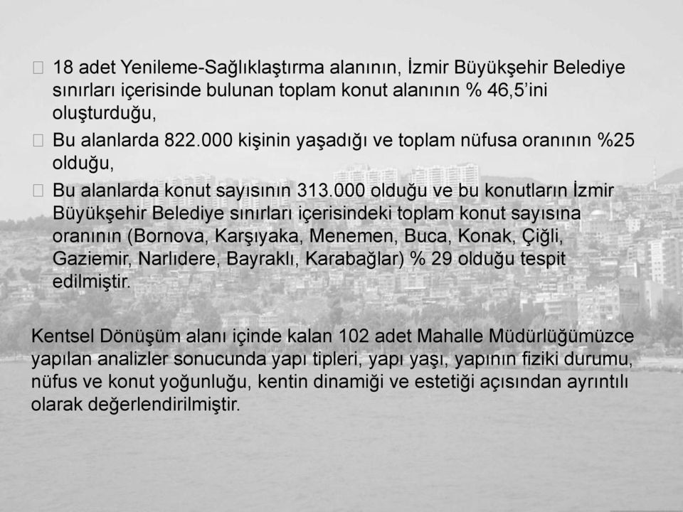 000 olduğu ve bu konutların İzmir Büyükşehir Belediye sınırları içerisindeki toplam konut sayısına oranının (Bornova, Karşıyaka, Menemen, Buca, Konak, Çiğli, Gaziemir, Narlıdere,