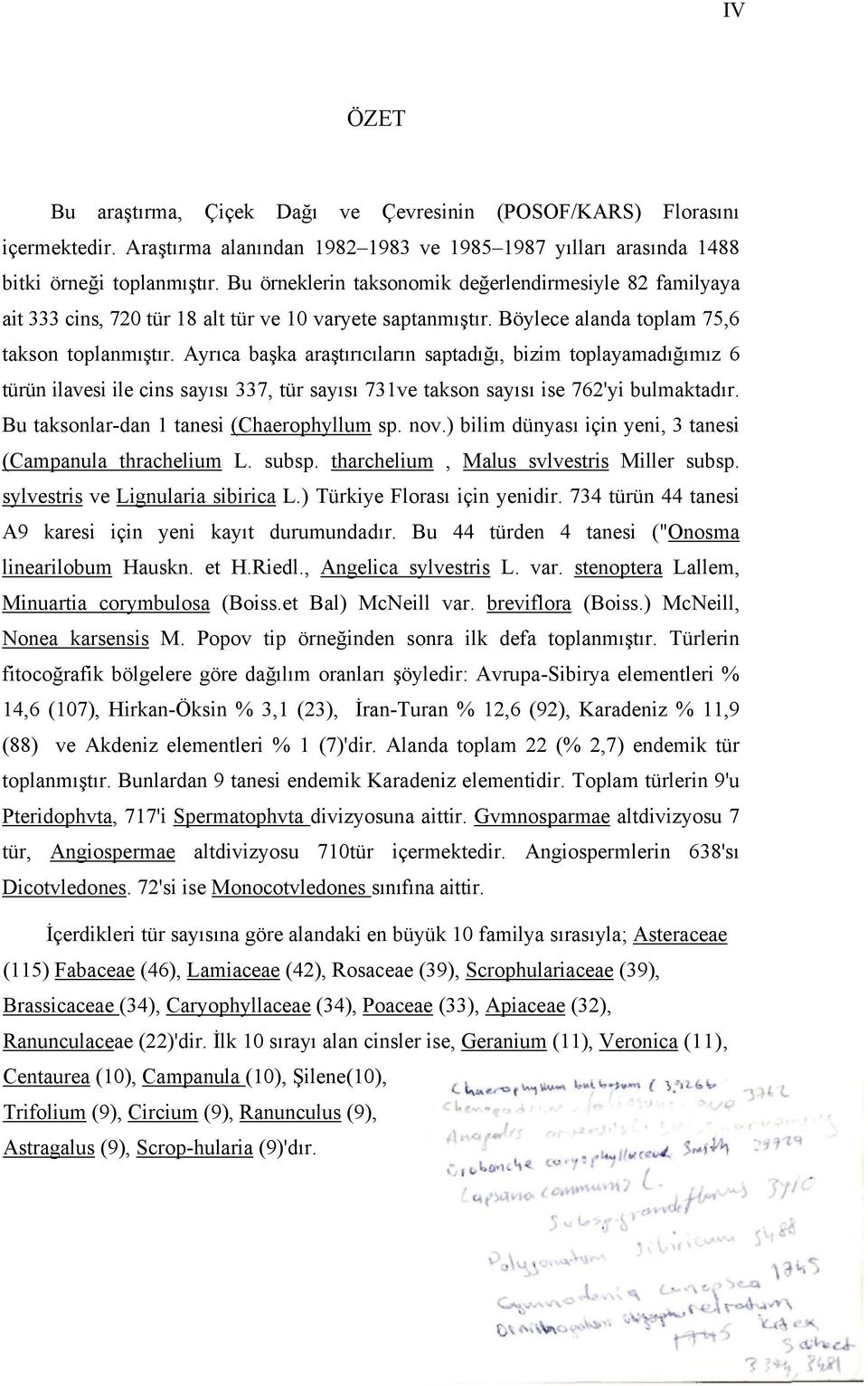 Ayrıca başka araştırıcıların saptadığı, bizim toplayamadığımız 6 türün ilavesi ile cins sayısı 337, tür sayısı 731ve takson sayısı ise 762'yi bulmaktadır. Bu taksonlar-dan 1 tanesi (Chaerophyllum sp.