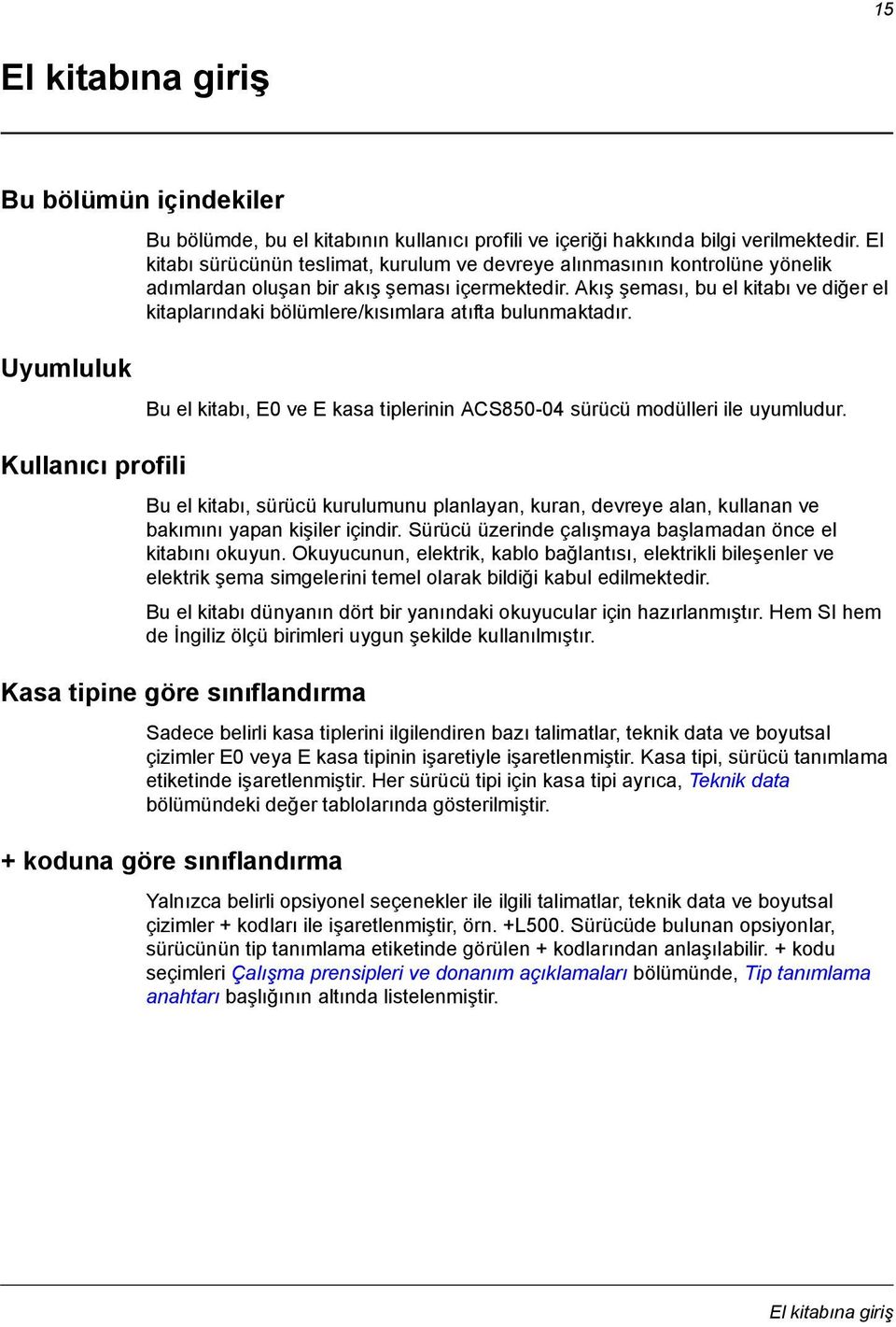 Akış şeması, bu el kitabı ve diğer el kitaplarındaki bölümlere/kısımlara atıfta bulunmaktadır. Uyumluluk Bu el kitabı, E0 ve E kasa tiplerinin ACS850-04 sürücü modülleri ile uyumludur.