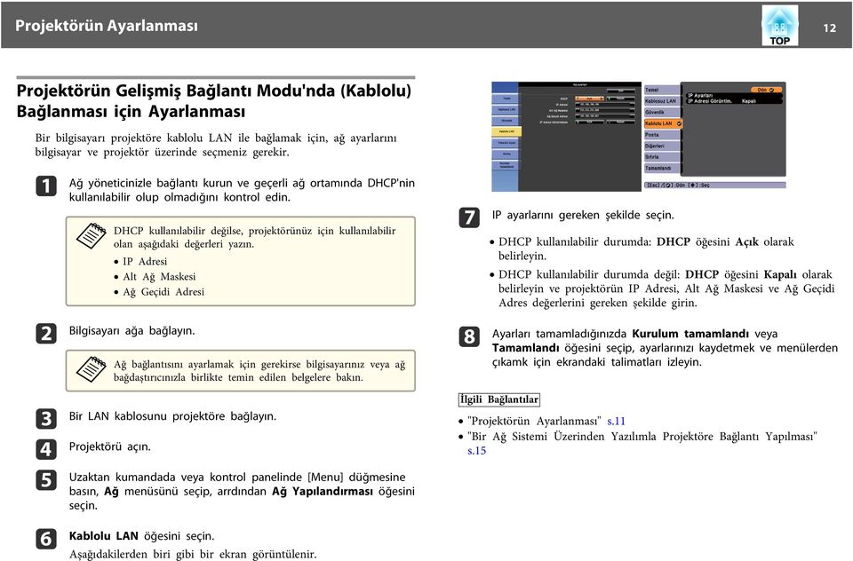 DHCP kullnılbilir değilse, projektörünüz için kullnılbilir oln şğıdki değerleri yzın. IP Adresi Alt Ağ Mskesi Ağ Geçidi Adresi Bilgisyrı ğ bğlyın.