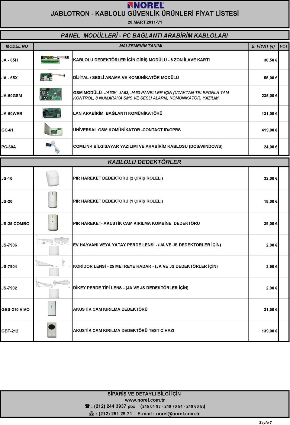 BAĞLANTI KOMÜNĐKATÖRÜ 131,00 GC-61 ÜNĐVERSAL GSM KOMÜNĐKATÖR -CONTACT ID/GPRS 419,00 PC-60A COMLINK BĐLGĐSAYAR YAZILIMI VE ARABĐRĐM KABLOSU (DOS/WINDOWS) 24,00 KABLOLU DEDEKTÖRLER JS-10 PIR HAREKET