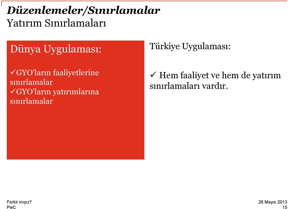 ların yatırımlarına sınırlamalar Türkiye Uygulaması: