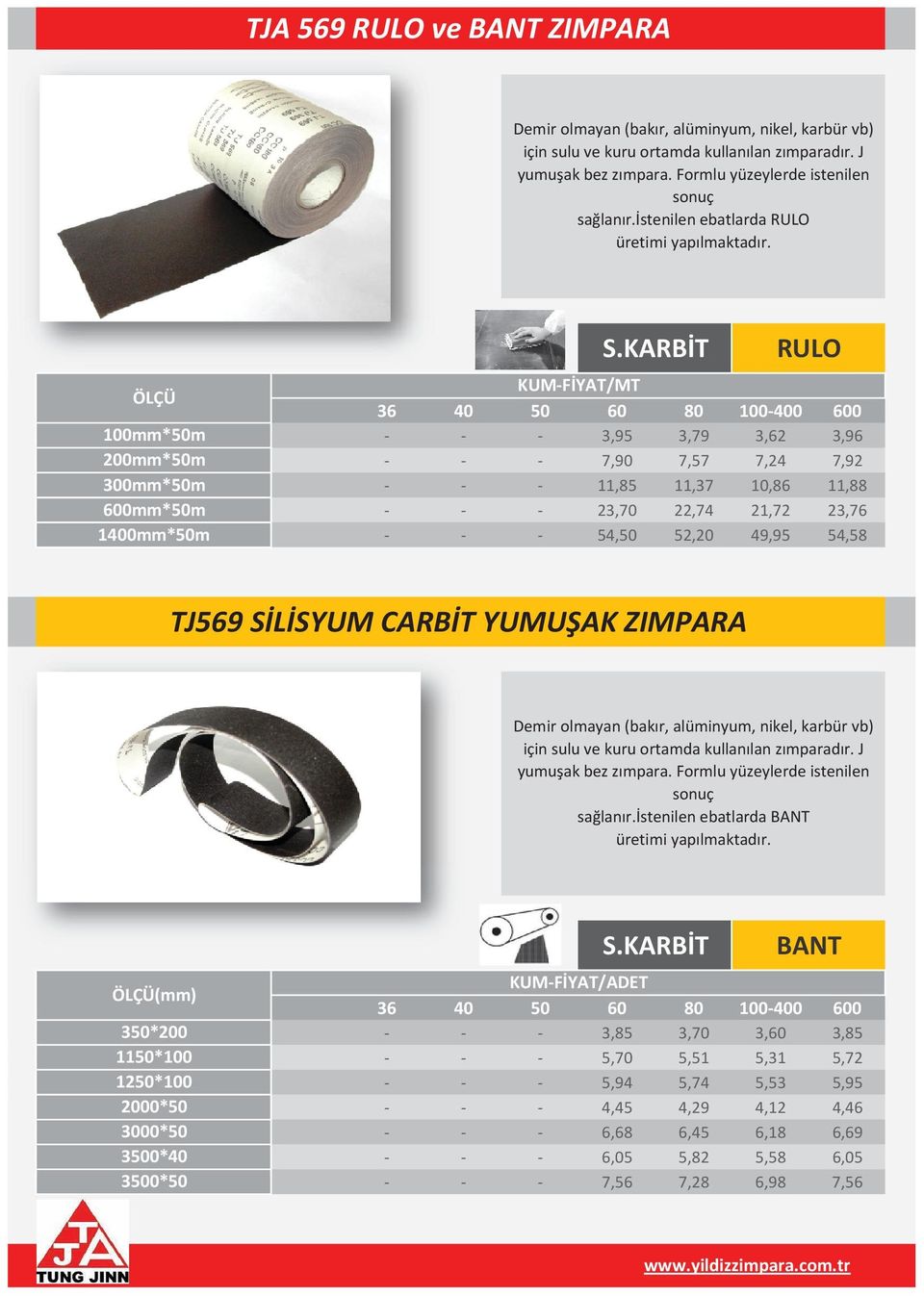 KARBİT - - - 3,95 3,79 3,62 3,96 - - - 7,90 7,57 7,24 7,92 - - - 11,85 11,37 10,86 11,88 - - - 23,70 22,74 21,72 23,76 - - - 54,50 52,20 49,95 54,58 TJ569 SİLİSYUM CARBİT YUMUŞAK ZIMPARA Demir