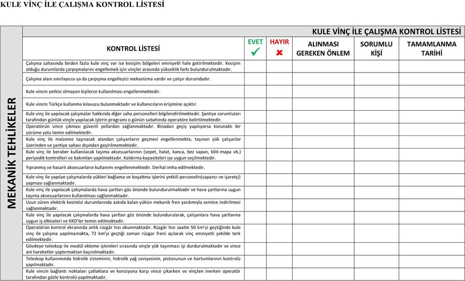 KULE VİNÇ İLE ÇALIŞMA Çalışma alanı sınırlayıcısı ya da çarpışma engelleyici mekanizma vardır ve çalışır durumdadır. Kule vincin yetkisi olmayan kişilerce kullanılması engellenmektedir.