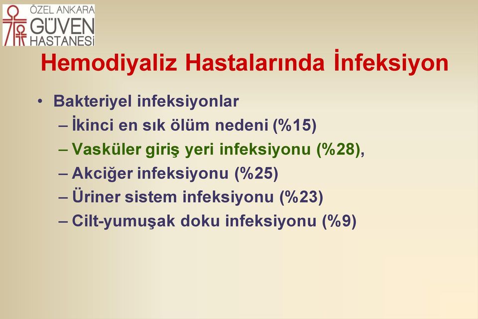 giriş yeri infeksiyonu (%28), Akciğer infeksiyonu (%25)