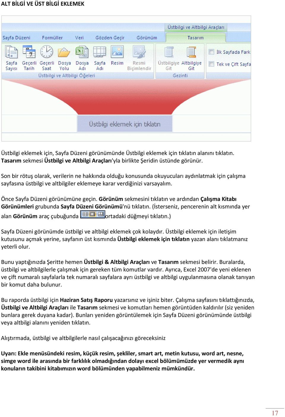 Son bir rötuş olarak, verilerin ne hakkında olduğu konusunda okuyucuları aydınlatmak için çalışma sayfasına üstbilgi ve altbilgiler eklemeye karar verdiğinizi varsayalım.