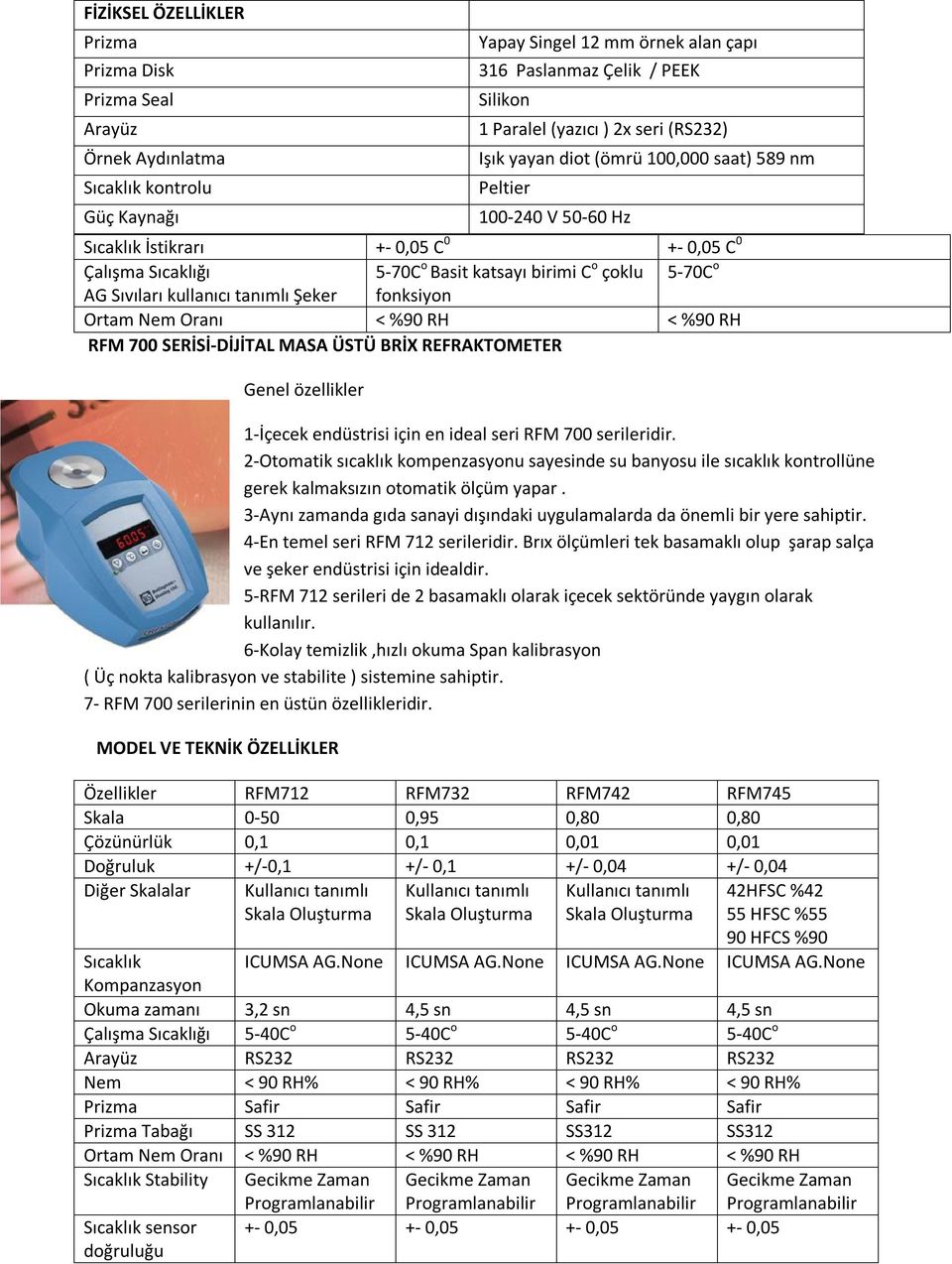 seri RFM 700 serileridir. 2-Otomatik sıcaklık kompenzasyonu sayesinde su banyosu ile sıcaklık kontrollüne gerek kalmaksızın otomatik ölçüm yapar.