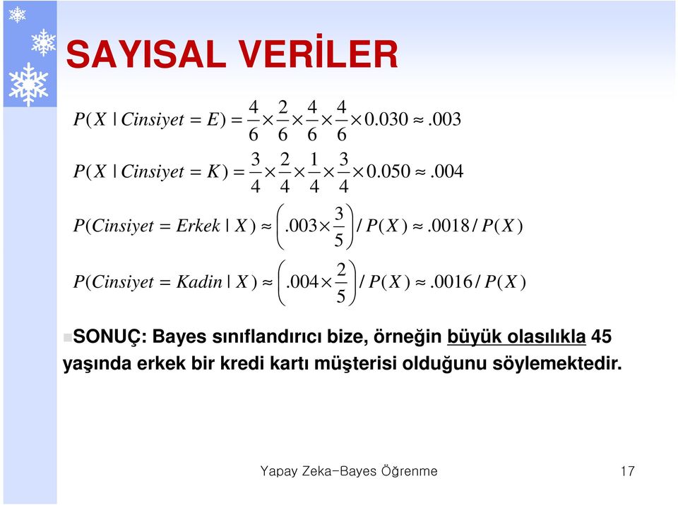 0016 / X 5 SONUÇ: Bayes sınıflandırıcı bize, örneğin büyük olasılıkla 5