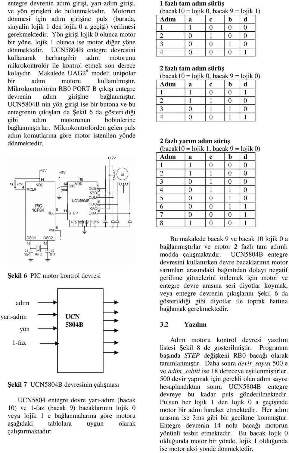 UCN5804B entegre devresini kullanarak herhangibir adım motorunu mikrokontrolör ile kontrol etmek son derece kolaydır. Makalede UAG2 6 modeli unipolar bir adım motoru kullanılmıştır.