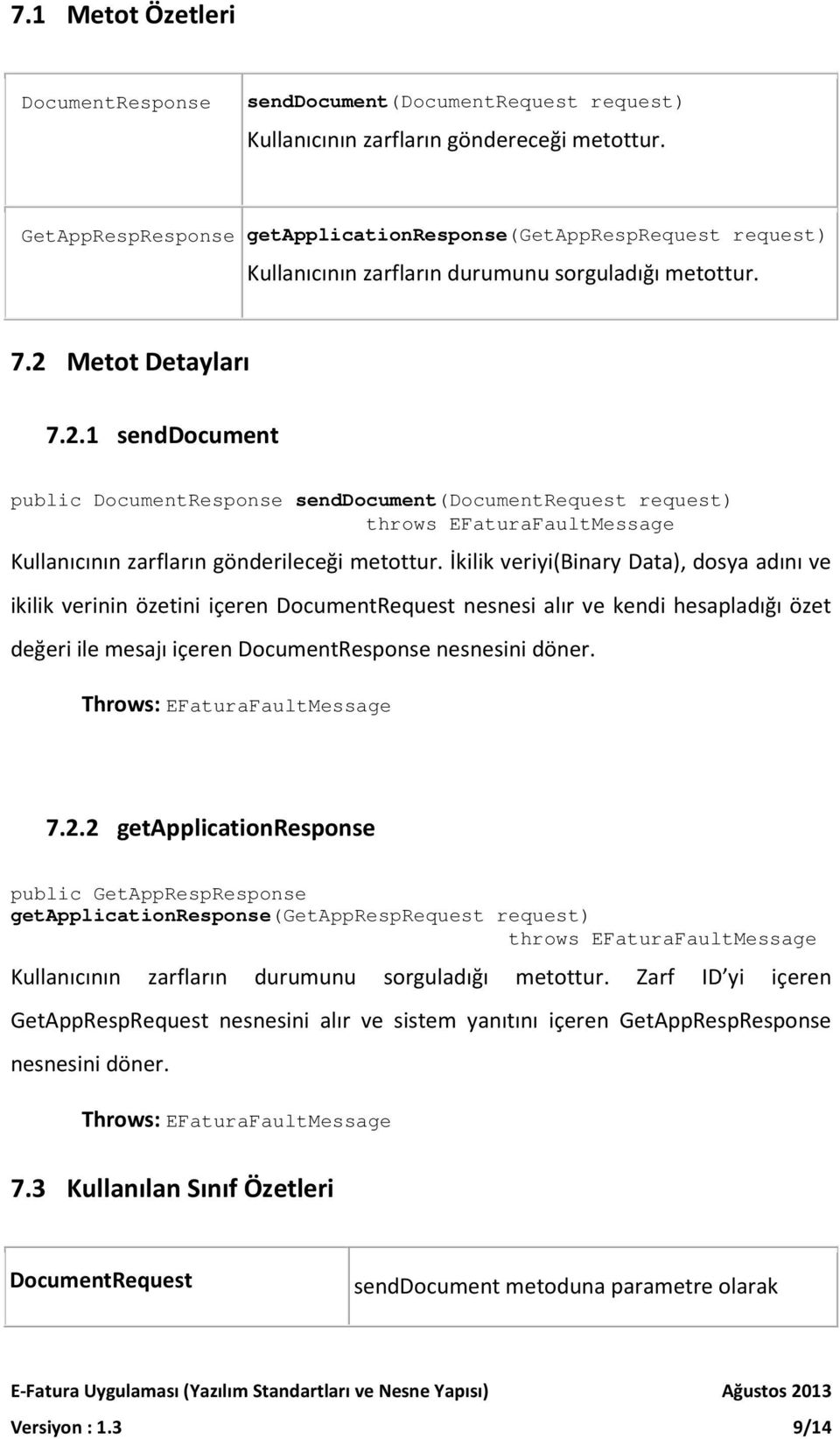 Metot Detayları 7.2.1 senddocument public DocumentResponse senddocument(documentrequest request) throws EFaturaFaultMessage Kullanıcının zarfların gönderileceği metottur.