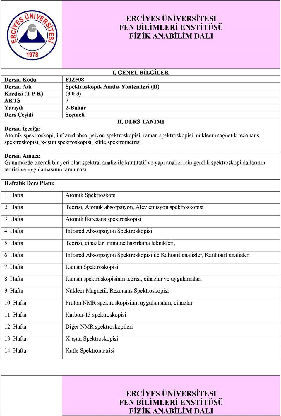 uygulamasının tanınması 1. Hafta Atomik Spektroskopi 2. Hafta Teorisi, Atomik absorpsiyon, Alev emisyon spektroskopisi 3. Hafta Atomik floresans spektroskopisi 4.