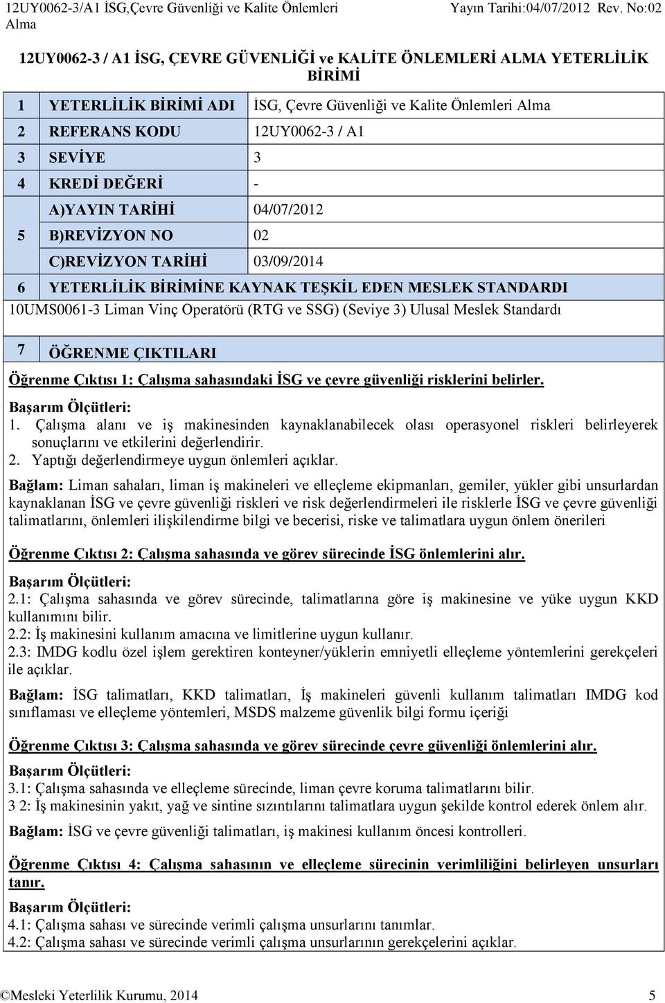 STANDARDI 10UMS0061-3 Liman Vinç Operatörü (RTG ve SSG) (Seviye 3) Ulusal Meslek Standardı 7 ÖĞRENME ÇIKTILARI Öğrenme Çıktısı 1: Çalışma sahasındaki İSG ve çevre güvenliği risklerini belirler. 1. Çalışma alanı ve iş makinesinden kaynaklanabilecek olası operasyonel riskleri belirleyerek sonuçlarını ve etkilerini değerlendirir.