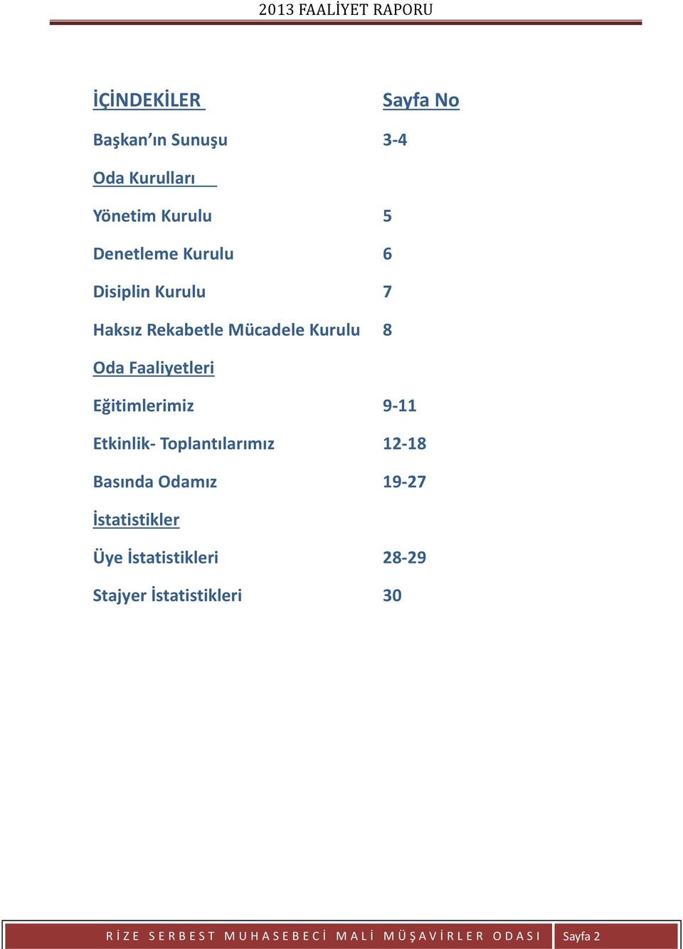 Etkinlik- Toplantılarımız 12-18 Basında Odamız 19-27 İstatistikler Üye İstatistikleri 28-29