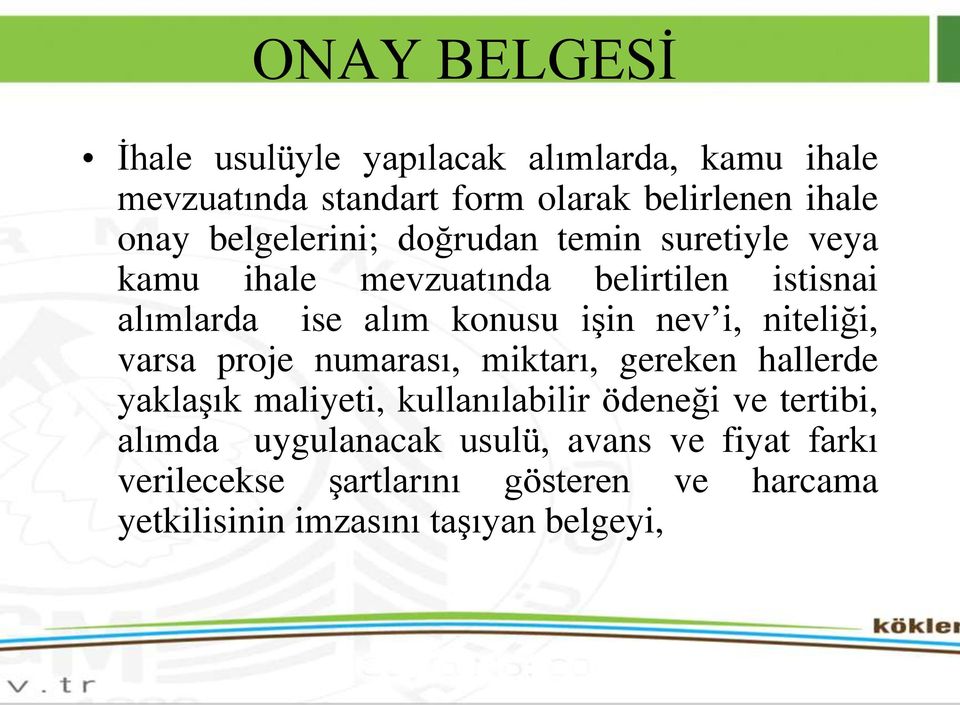 nev i, niteliği, varsa proje numarası, miktarı, gereken hallerde yaklaşık maliyeti, kullanılabilir ödeneği ve tertibi,