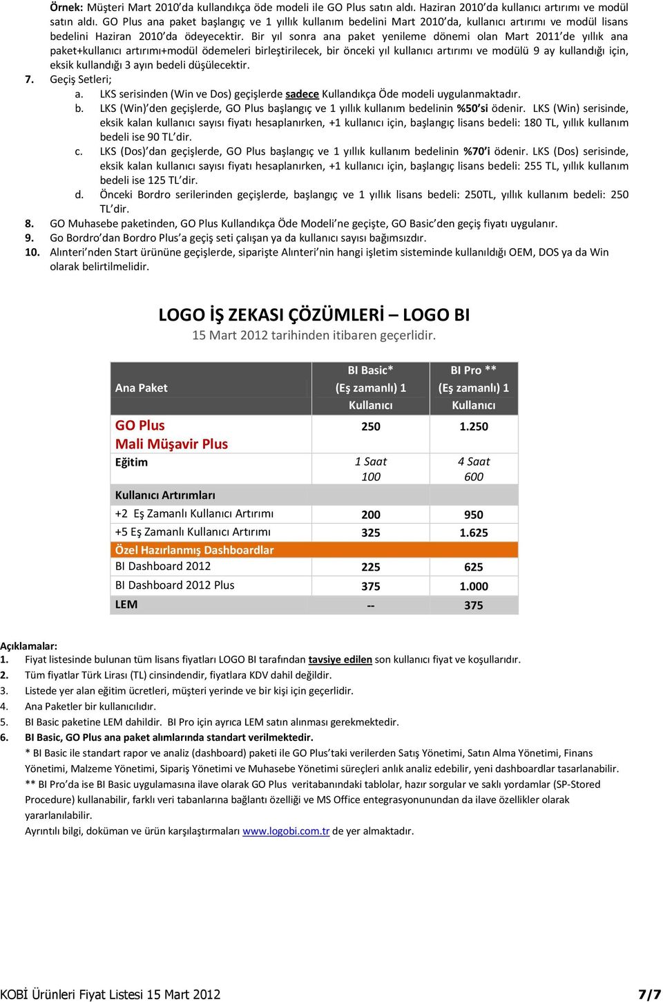 Bir yıl sonra ana paket yenileme dönemi olan Mart 2011 de yıllık ana paket+kullanıcı artırımı+modül ödemeleri birleştirilecek, bir önceki yıl kullanıcı artırımı ve modülü 9 ay kullandığı için, eksik