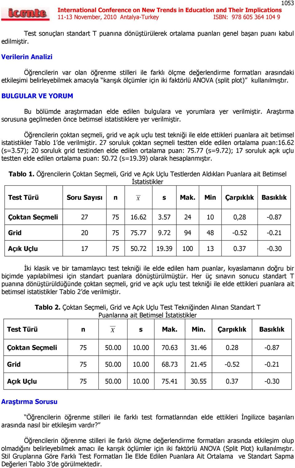 kullanılmıştır. BULGULAR VE YORUM Bu bölümde araştırmadan elde edilen bulgulara ve yorumlara yer verilmiştir. Araştırma sorusuna geçilmeden önce betimsel istatistiklere yer verilmiştir.