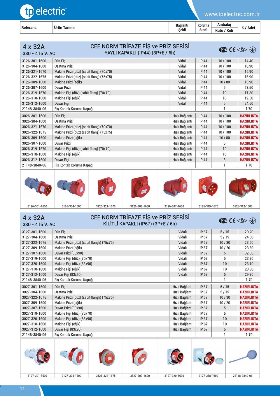 90 3126-309-1600 Makine Prizi (eğik) Vidalı IP 44 10 / 80 16.90 3126-307-1600 Duvar Prizi Vidalı IP 44 5 27.50 3126-319-1670 Makine Fişi (düz) (sabit flanş) (70x70) Vidalı IP 44 10 17.