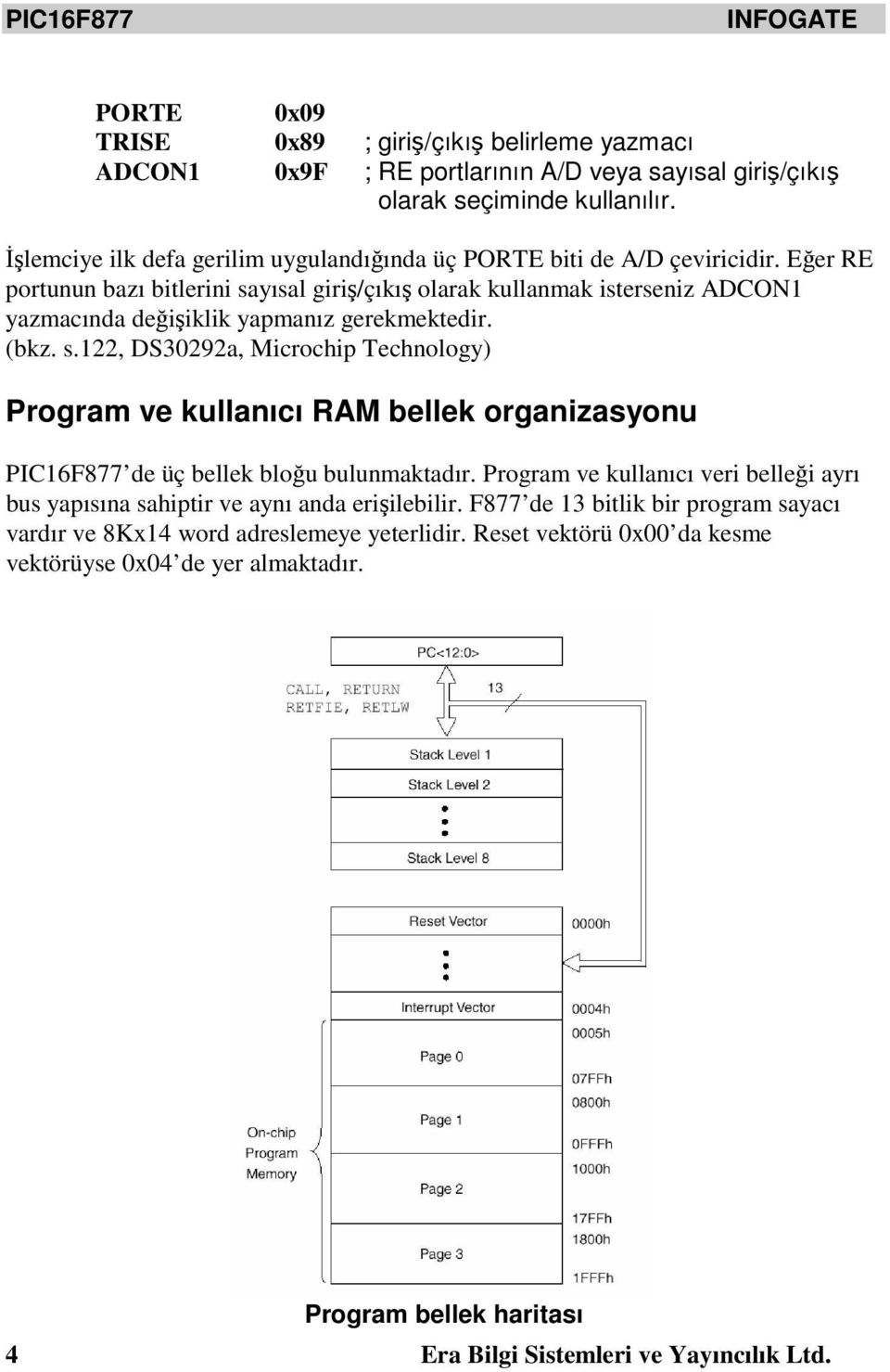 Eğer RE portunun bazı bitlerini sayısal giriş/çıkış olarak kullanmak isterseniz ADCON1 yazmacında değişiklik yapmanız gerekmektedir. (bkz. s.122, DS30292a, Microchip Technology) Program ve kullanıcı RAM bellek organizasyonu de üç bellek bloğu bulunmaktadır.