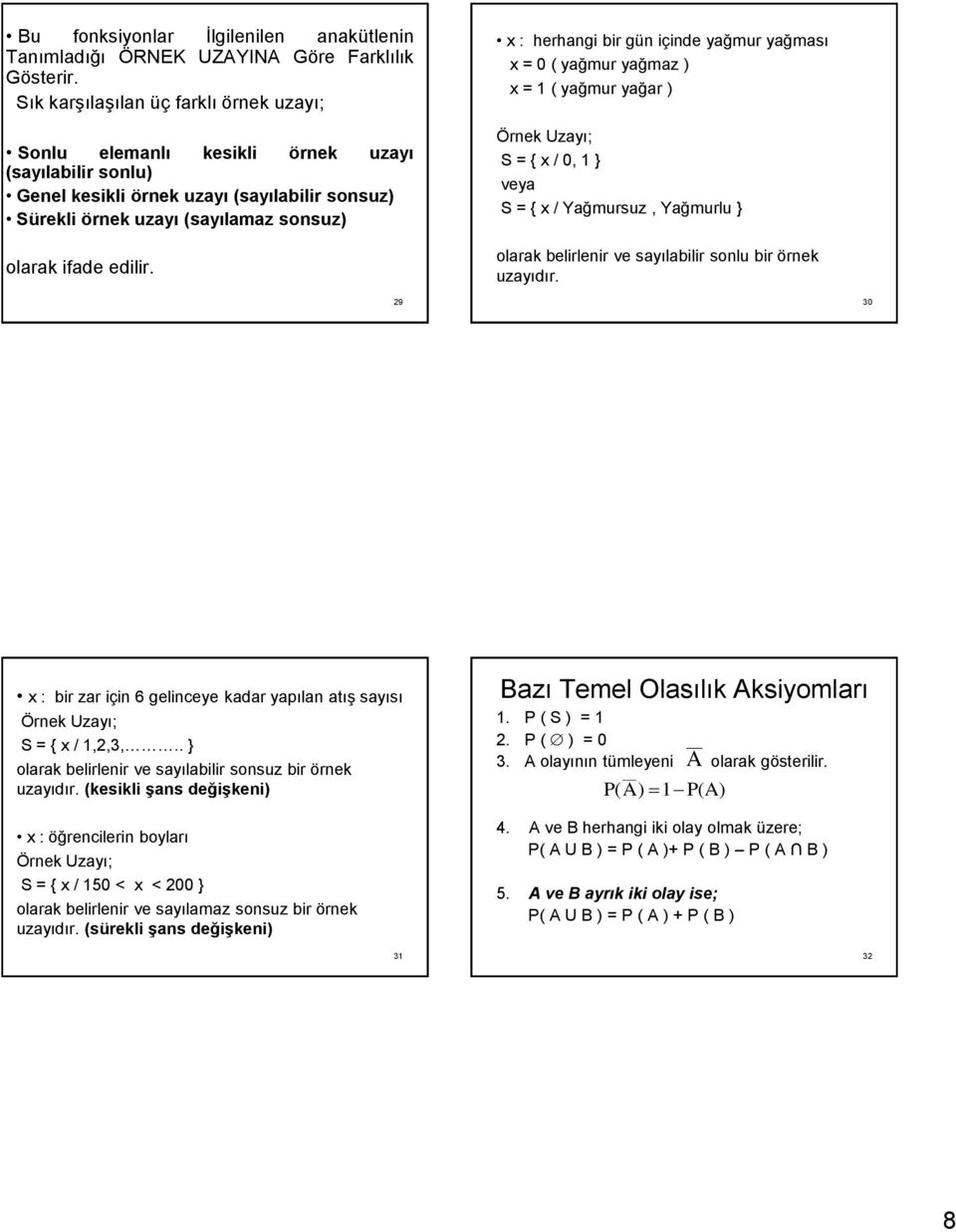 x : herhang br gün çnde yağmur yağması x = 0 yağmur yağmaz x = yağmur yağar Örnek Uzayı; S = { x 0, } veya S = { x Yağmursuz, Yağmurlu } olarak belrlenr ve sayılablr sonlu br örnek uzayıdır.