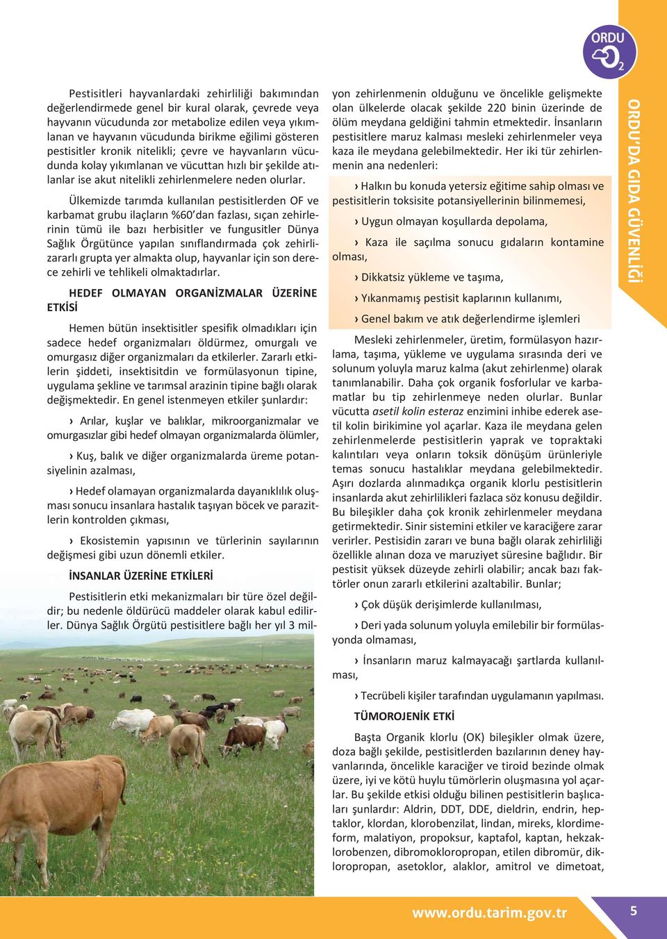 Ülkemizde tarımda kullanılan pestisitlerden OF ve karbamat grubu ilaçların %60 dan fazlası, sıçan zehirlerinin tümü ile bazı herbisitler ve fungusitler Dünya Sağlık Örgütünce yapılan sınıflandırmada