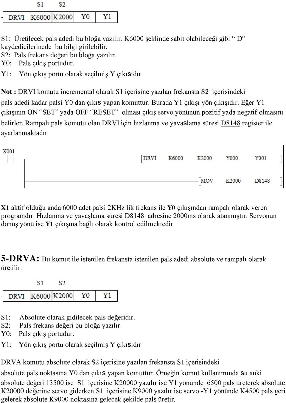 Burada Y1 çıkışı yön çıkışıdır. Eğer Y1 çıkışının ON SET yada OFF RESET olması çıkış servo yönünün pozitif yada negatif olmasını belirler.