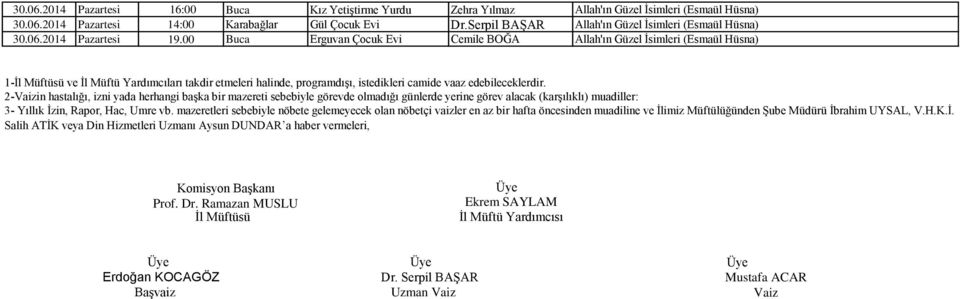 00 Buca Erguvan Çocuk Evi Cemile BOĞA Allah'ın Güzel İsimleri (Esmaül Hüsna) 1-İl Müftüsü ve İl Müftü Yardımcıları takdir etmeleri halinde, programdışı, istedikleri camide vaaz edebileceklerdir.