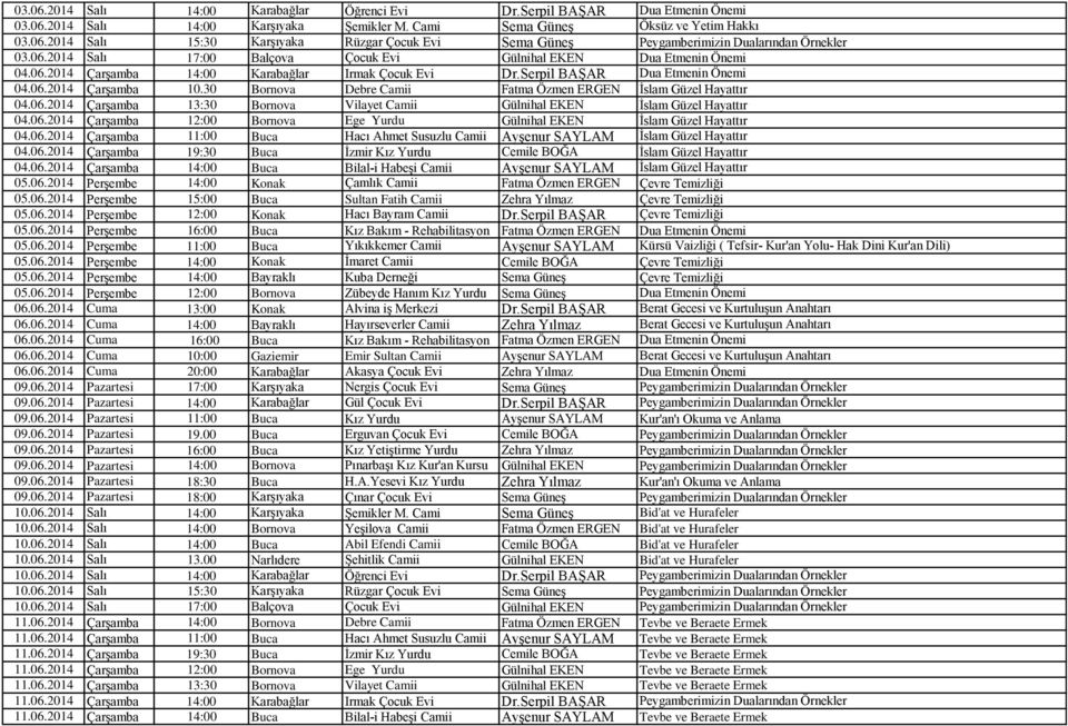 30 Bornova Debre Camii Fatma Özmen ERGEN İslam Güzel Hayattır 04.06.2014 Çarşamba 13:30 Bornova Vilayet Camii Gülnihal EKEN İslam Güzel Hayattır 04.06.2014 Çarşamba 12:00 Bornova Ege Yurdu Gülnihal EKEN İslam Güzel Hayattır 04.