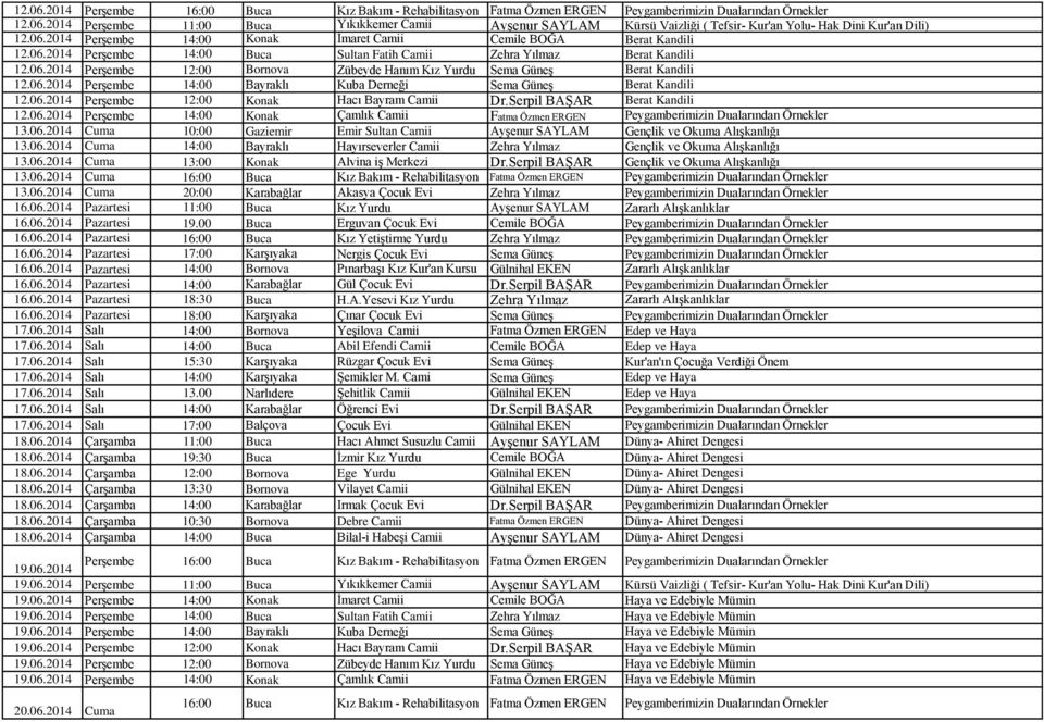 06.2014 Perşembe 14:00 Bayraklı Kuba Derneği Sema Güneş Berat Kandili 12.06.2014 Perşembe 12:00 Konak Hacı Bayram Camii Dr.Serpil BAŞAR Berat Kandili 12.06.2014 Perşembe 14:00 Konak Çamlık Camii Fatma Özmen ERGEN Peygamberimizin Dualarından Örnekler 13.