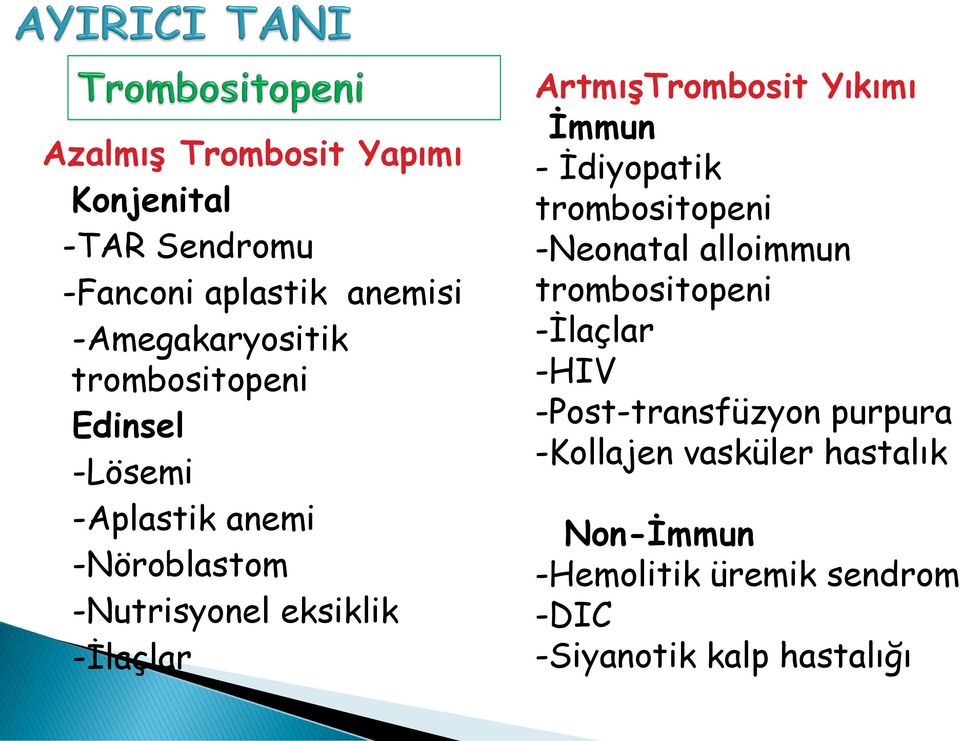 ArtmışTrombosit Yıkımı İmmun - İdiyopatik trombositopeni -Neonatal alloimmun trombositopeni -İlaçlar