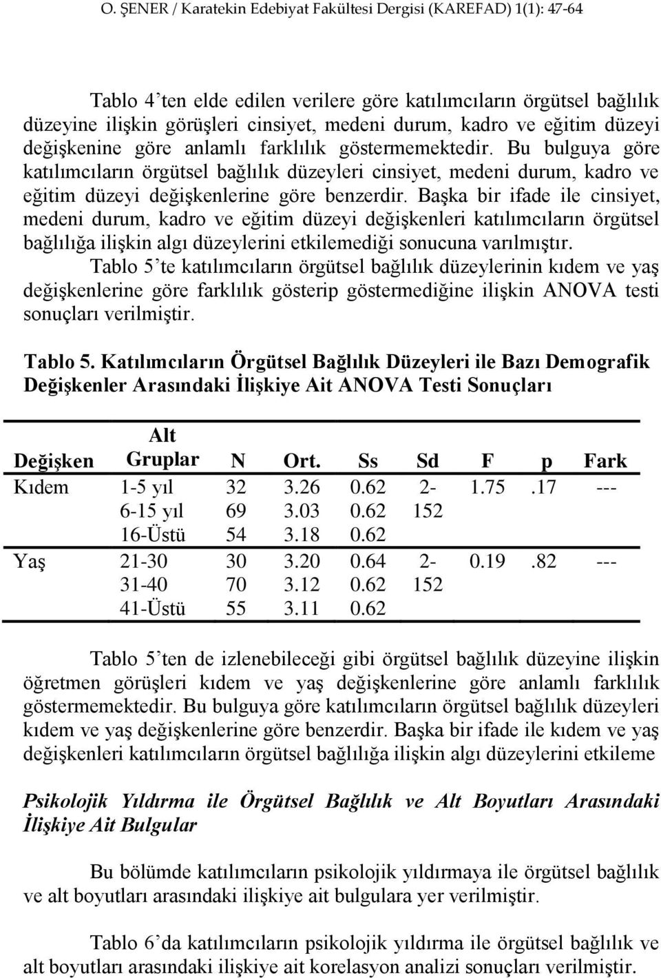 Başka bir ifade ile cinsiyet, medeni durum, kadro ve eğitim düzeyi değişkenleri katılımcıların örgütsel bağlılığa ilişkin algı düzeylerini etkilemediği sonucuna varılmıştır.