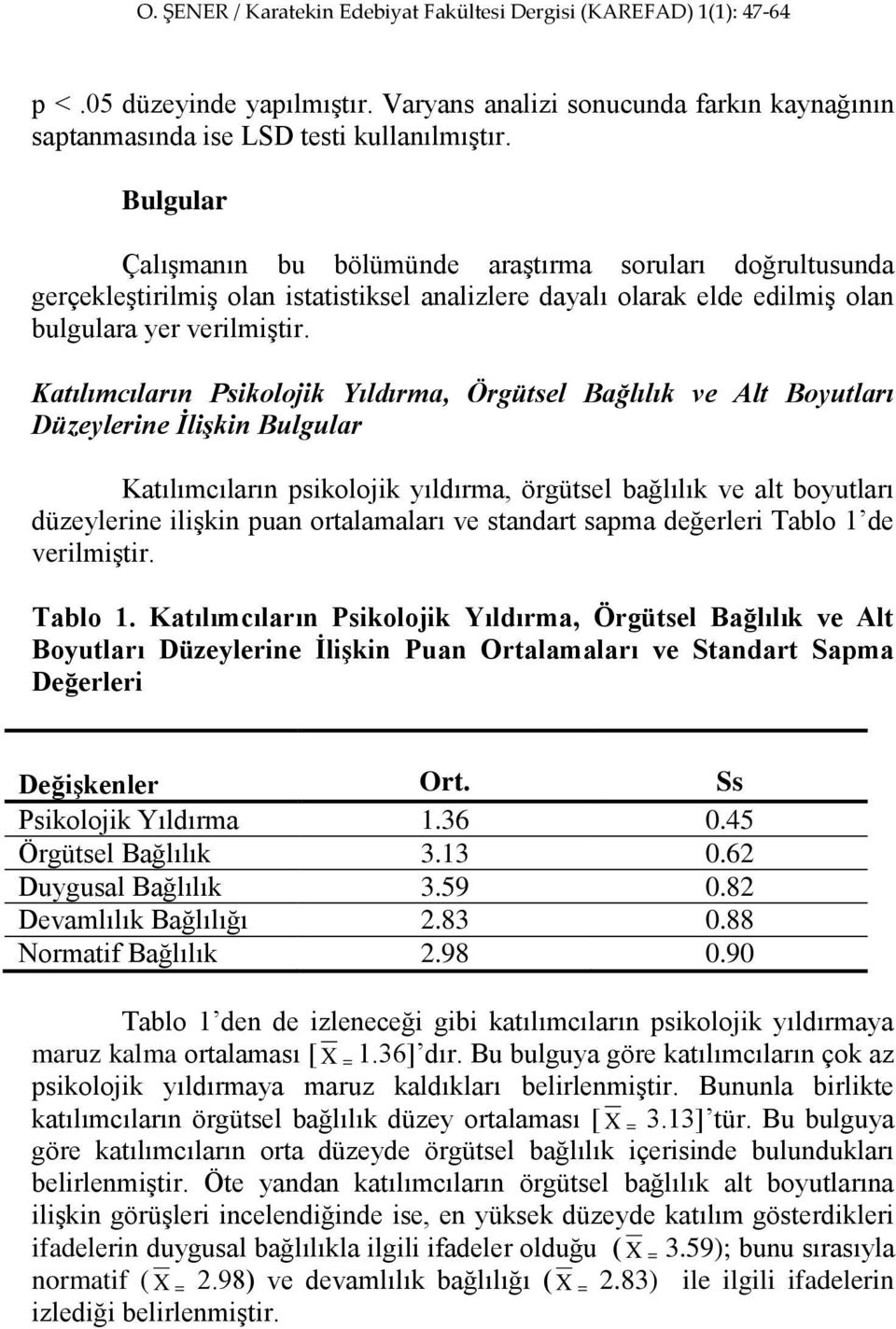 Katılımcıların Psikolojik Yıldırma, Örgütsel Bağlılık ve Alt Boyutları Düzeylerine İlişkin Bulgular Katılımcıların psikolojik yıldırma, örgütsel bağlılık ve alt boyutları düzeylerine ilişkin puan