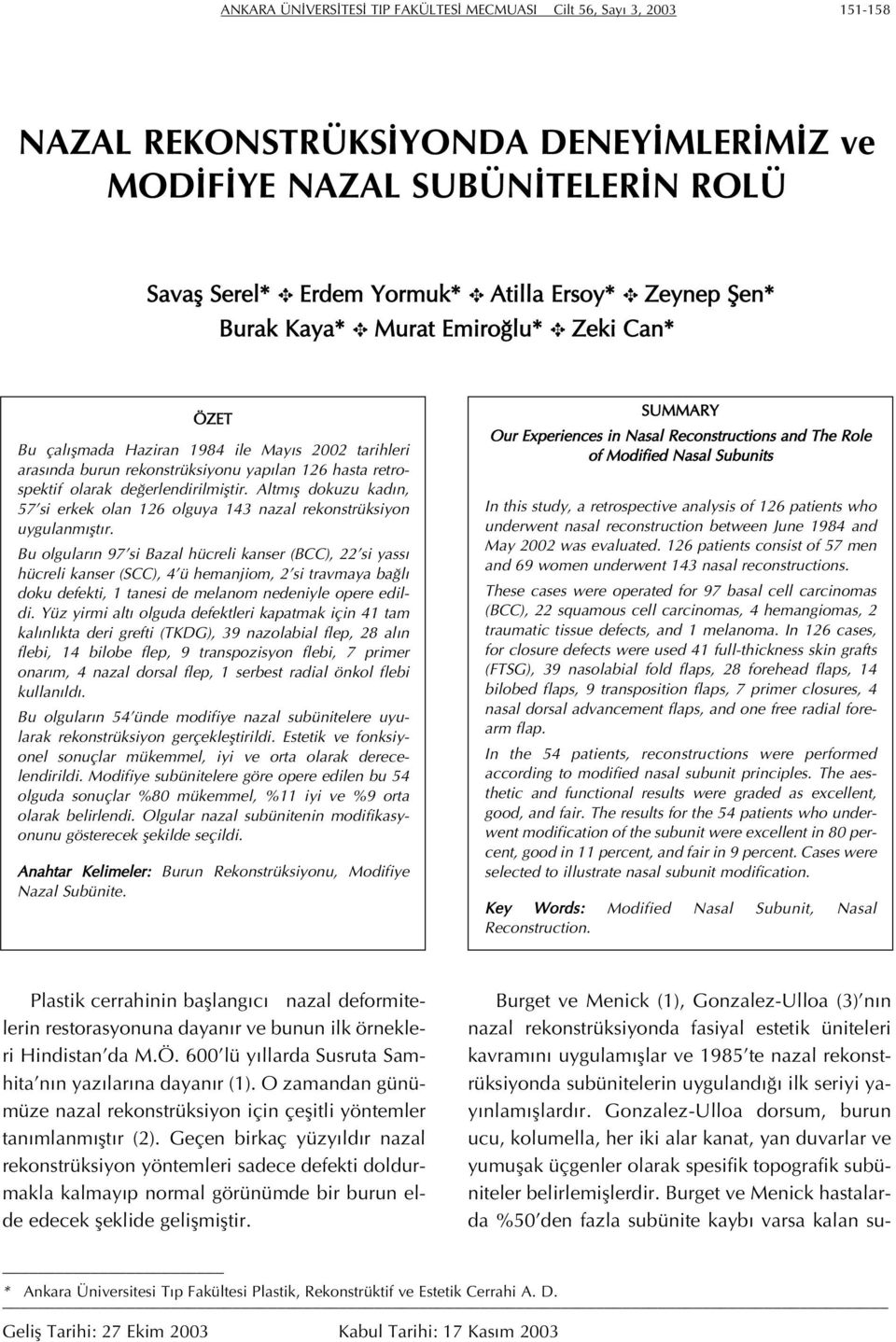 Altmış dokuzu kadın, 57 si erkek olan 126 olguya 143 nazal rekonstrüksiyon uygulanmıştır.