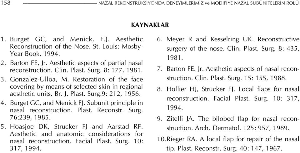 Restoration of the face covering by means of selected skin in regional aesthetic units. Br. J. Plast. Surg.9: 212, 1956. 4. Burget GC, and Menick FJ. Subunit principle in nasal reconstruction. Plast. Reconstr.