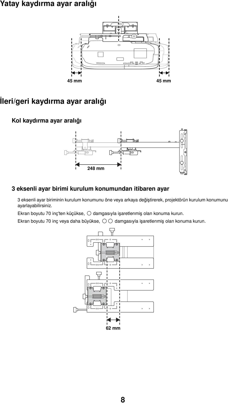 değiştirerek, projektörün kurulum konumunu ayarlayabilirsiniz.